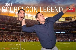 Green screen photo of a man holding another mans head in the Denver Broncos football stadium.